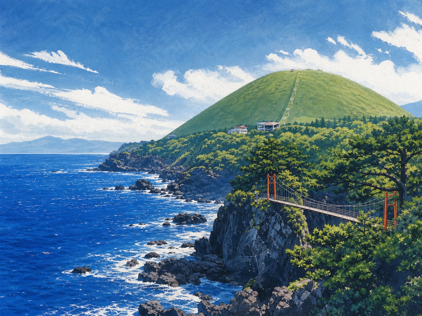 大室山、城崎海岸與門脇吊橋的旅行插畫